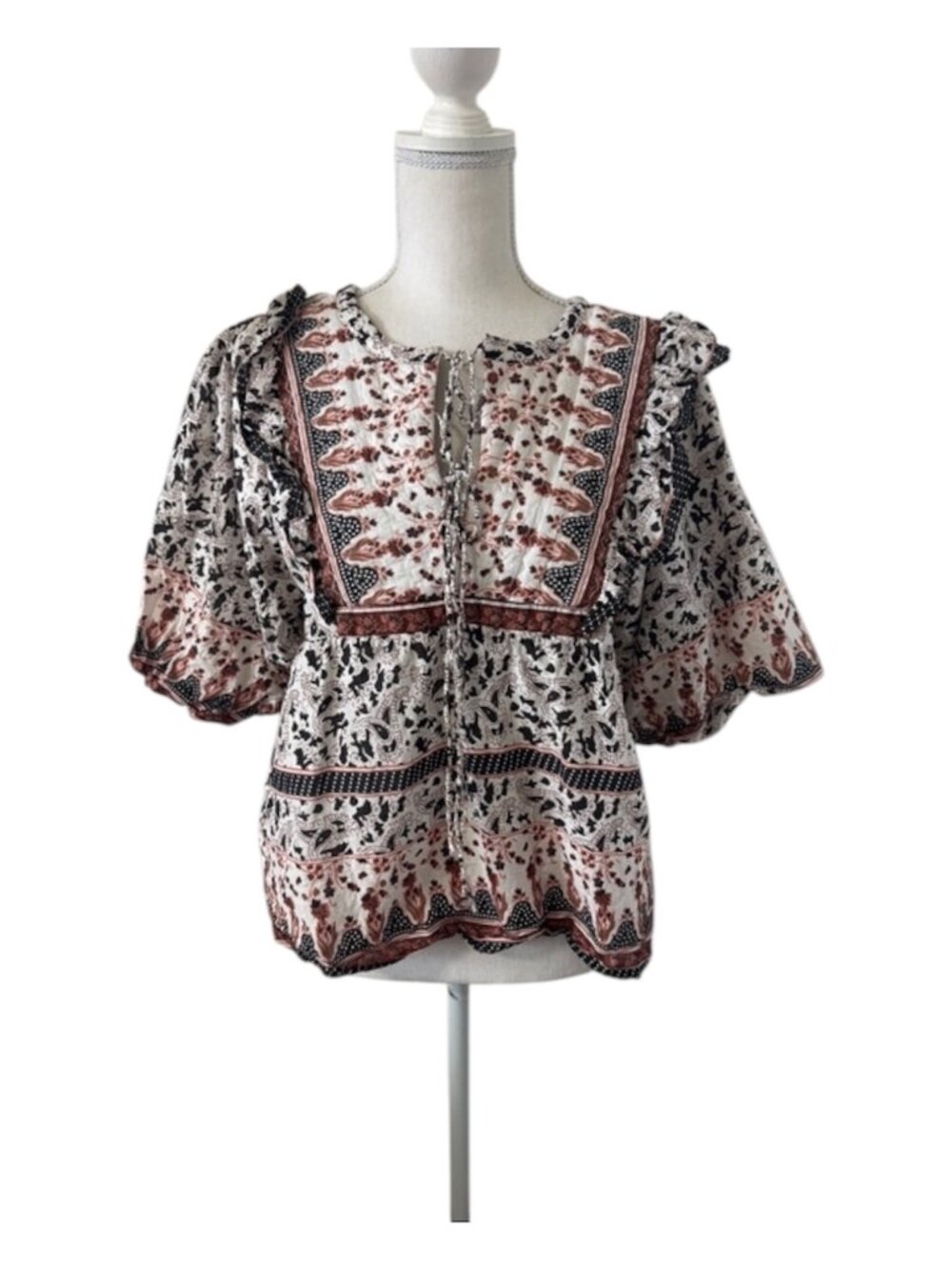 Calypso St. Barth Floral Boho Tie-Front Peasant Top Women's Size Large Rust